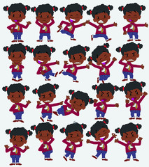 Cartoon character of a black girl. Set with different postures, attitudes and poses, doing different activities in isolated vector illustrations.