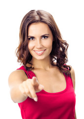 Woman pointing at something or pressing virual button, on white