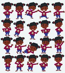 Cartoon character of a black girl. Set with different postures, attitudes and poses, doing different activities in isolated vector illustrations.