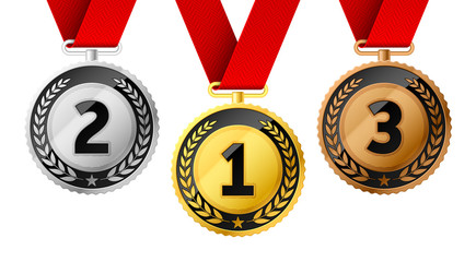 Champions gold, silver and bronze award medals with red ribbon. First, second and third places awards