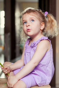 Portrait of beautiful little girl with bouquet of purple flowers.