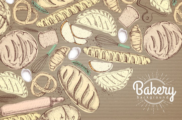 Bakery background. Top view of bakery products on cardboard background