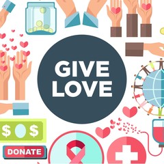 Give love social charity vector poster for blood donation and volunteer help or money foundation