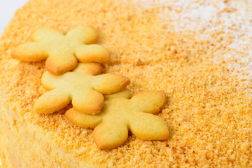 Close-up of cookies on sweet tasty Honey Cake Medovik