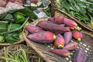 Banana flowers on a stall at the market in Meghalaya state, Northeast India
