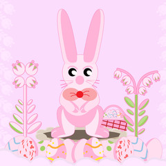 pink rabbit near the hole sits on his hind legs with a basket of Easter eggs