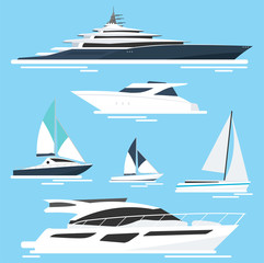 Set of yachts and boats. Sea travel. Vector illustration