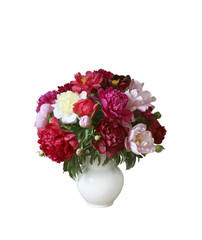 bright multicolored peonies in white ceramic vase isolated on white background