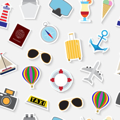 Seamless pattern background with modern travel stickers symbols flat icons - obrazy, fototapety, plakaty