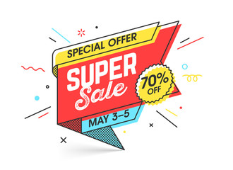 Super sale, special offer banner template in flat trendy memphis geometric style, retro 80s - 90s paper style poster, placard, web banner designs