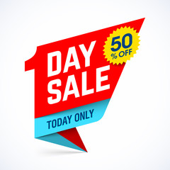 One Day Sale paper style banner design, today only, 50% off