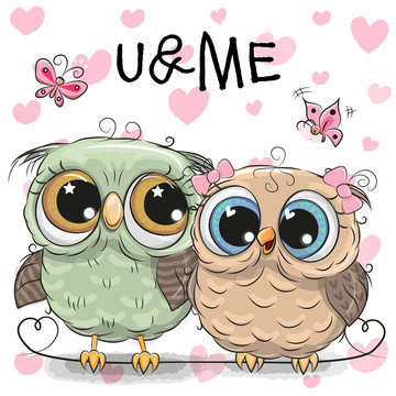 Two Owls on a hearts background