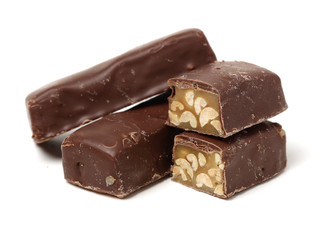 chocolate toffee with peanut filling isolated on white background