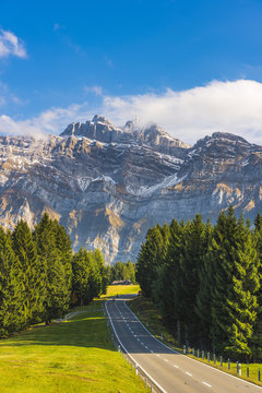 Road leading to Schwagalp pass with mount Santis in background, Switzerland