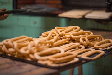artisanal elaboration donuts in wood oven in a bakery