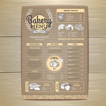 Vintage bakery menu design on cardboard background. Restaurant menu