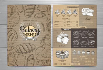 Vintage bakery menu design on cardboard background. Restaurant menu