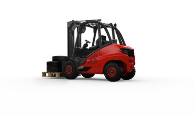 Gabelstapler mit Palette und Reifen, seitlich hinten