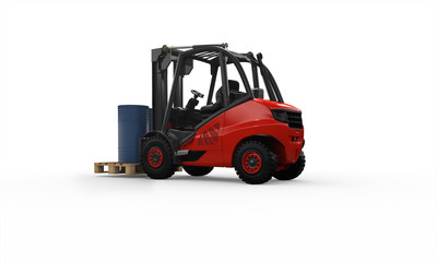 Gabelstapler mit Palette und Ölfässer, seitlich hinten