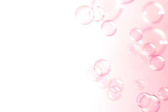 Abstract pink soap bubbles floating on white background