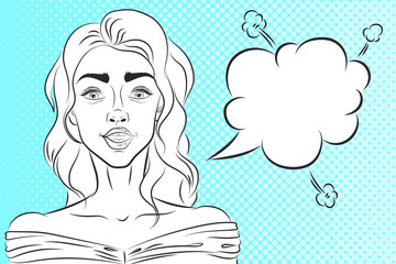 Pop art surprised woman face with open mouth and speech bubble. Vector  background in pop art retro comic style.