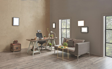 modern home office style with fireplace and table desk chair concept.