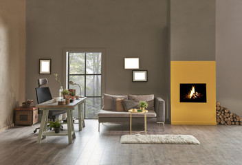 home office interior desk and chair decor. brown office wall and fireplace.