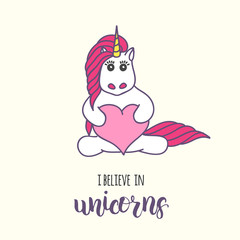 Vector white cute unicorn and hand made lettering 