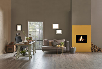 decorative office interior with fireplace and modern furnitures brown and yellow details.
