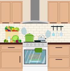 Stove in the kitchen with dishes. In the oven, a chicken. Vector flat illustration.
