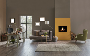 Grey furniture and wooden floor in stylish work room. Grey and yellow color wall decoration with fireplace.