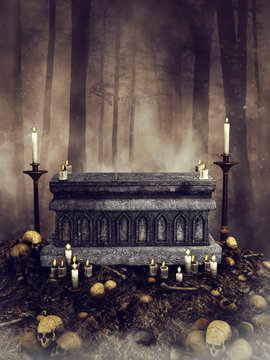 Kamienny ołtarz w ciemnym lesie ze świecami i czaszkami
