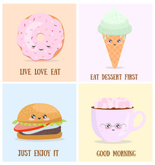 Vector cartoon cards with funny food