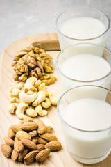Almond nuts, cashew, walnuts and nut milk in glasses on wooden board on concrete background. Selective focus, copy space.