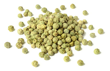 closeup of dried green peppercorns isolated on white