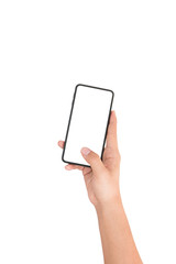 Hand holding smartphone blank on white screen and white background