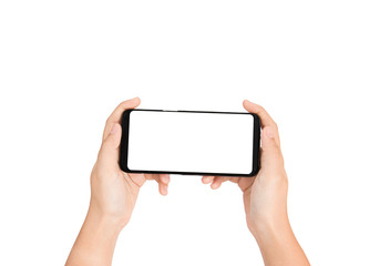 Hand holding cell phone look like playing a game blank on white screen and white background