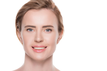 Obraz premium Smiling female with fresh clean skin isolated on white