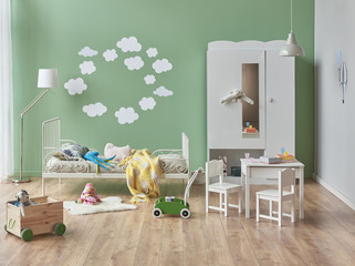 child room white furniture bed room with many kind of toys.