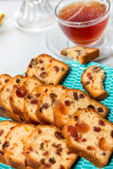 cup of tea with dried fruit cake