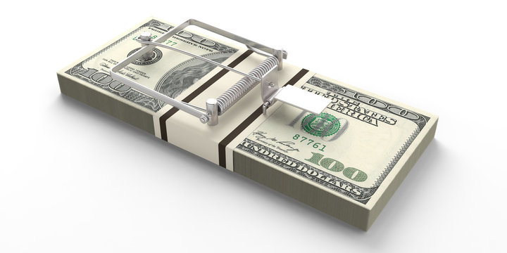 Dollars banknotes mouse trap isolated on white background. 3d illustration