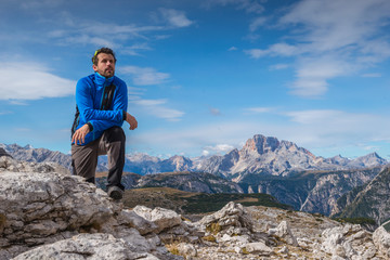 man in mountain in sout tyrol, italien dolomites, tre cime di lavaredo