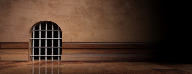 Mouse hole prison with steel bars, banner, copy space. 3d illustration © Rawf8