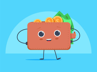 Cute funny cartoon wallet with dollar currency and coins money.