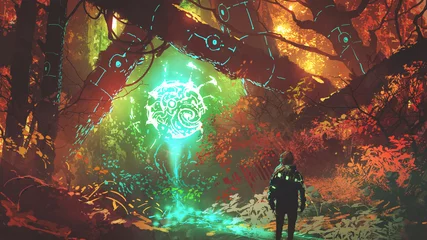 Tuinposter man looking at glowing futuristic light in enchanted red forest, digital art style, illustration painting © grandfailure