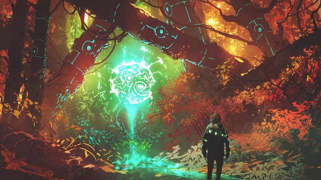 man looking at glowing futuristic light in enchanted red forest, digital art style, illustration painting