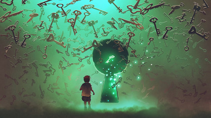 little boy standing in front of the keyhole with the green light and many keys floating around him, digital art style, illustration painting © grandfailure