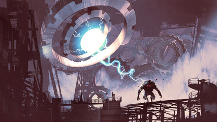sci-fi scene of the giant machine with blue light creating a monster in old factory, digital art style, illustration painting © grandfailure