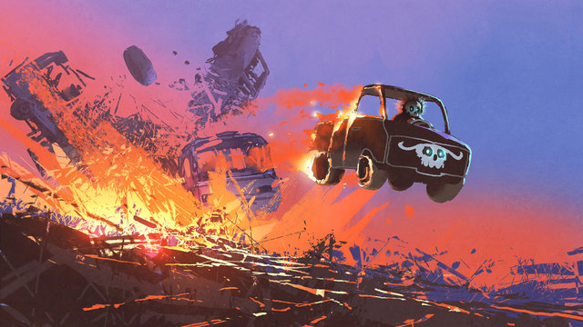man in skull mask driving a truck coming out of explosion, digital art style, illustration painting