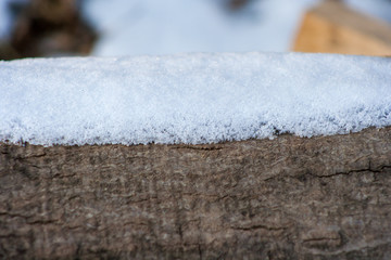 snow on a piece of tree